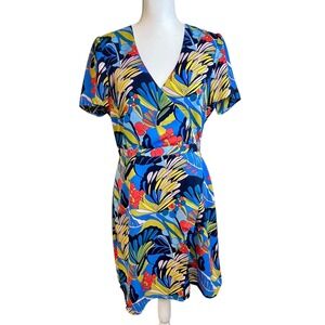 J CREW Mercantile Faux Wrap Dress Floral Print Sz 10 Short Sleeve Office Work